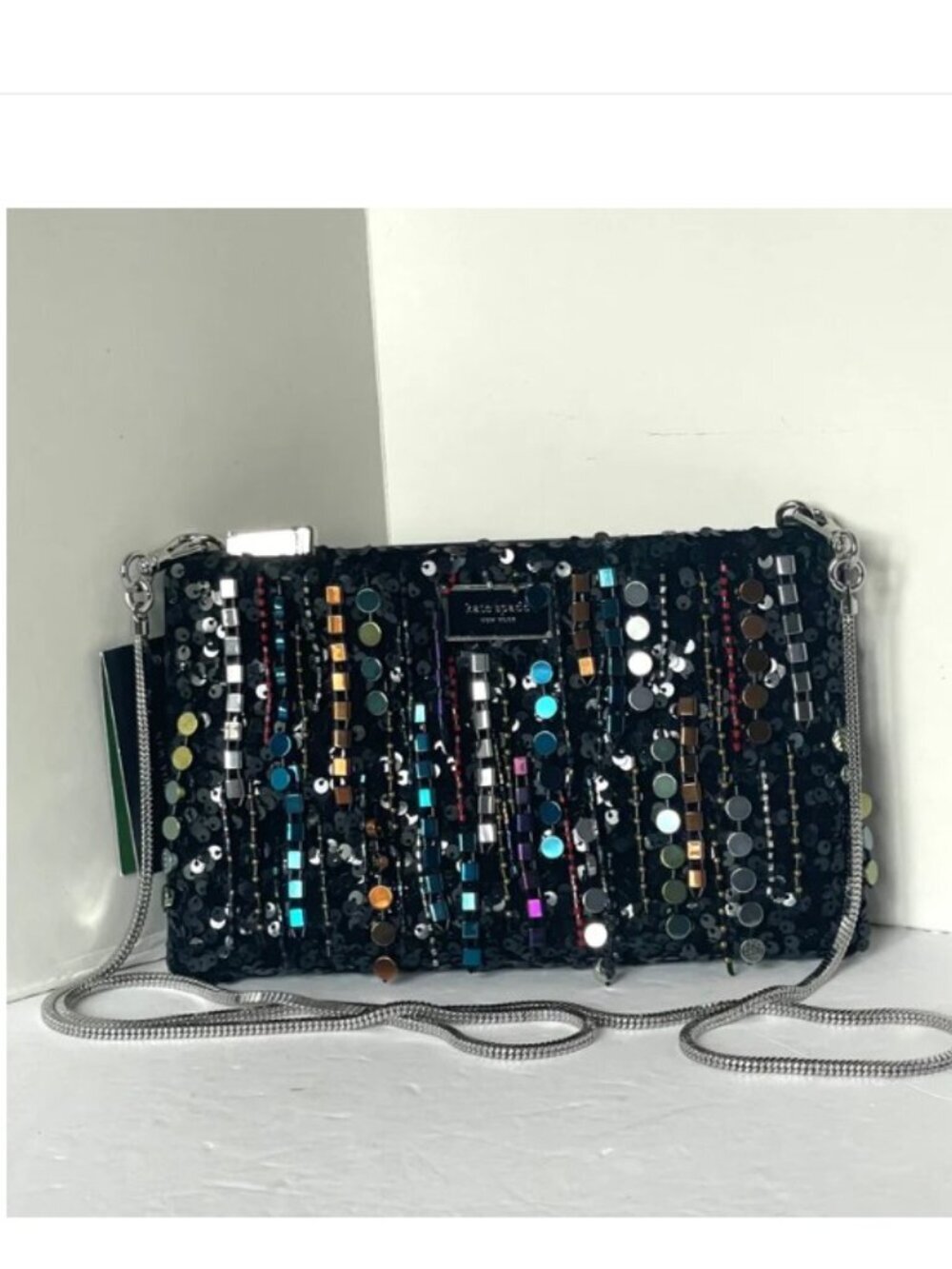 Kate Spade Nova Fringe Clutch Black Embellished Chain Strap Crossbody